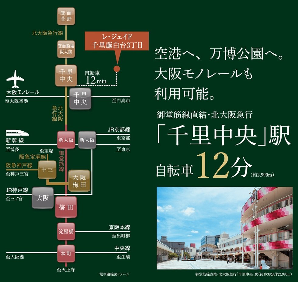 「千里中央」駅から都心各所へ、JRへの乗り換えも。